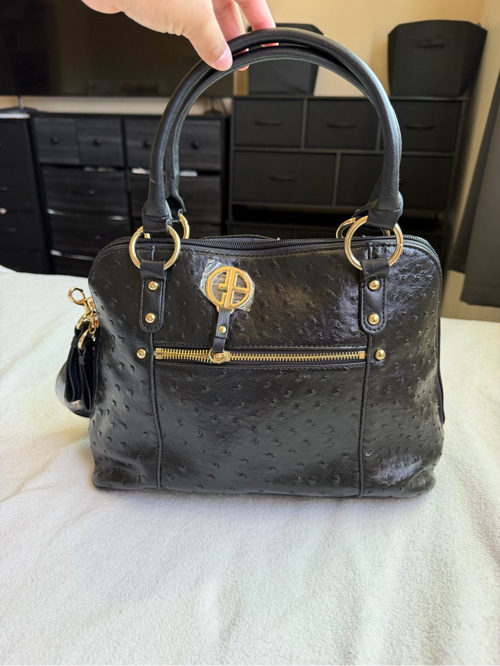 Giani Bernini Black Textured Satchel with Gold Hardware